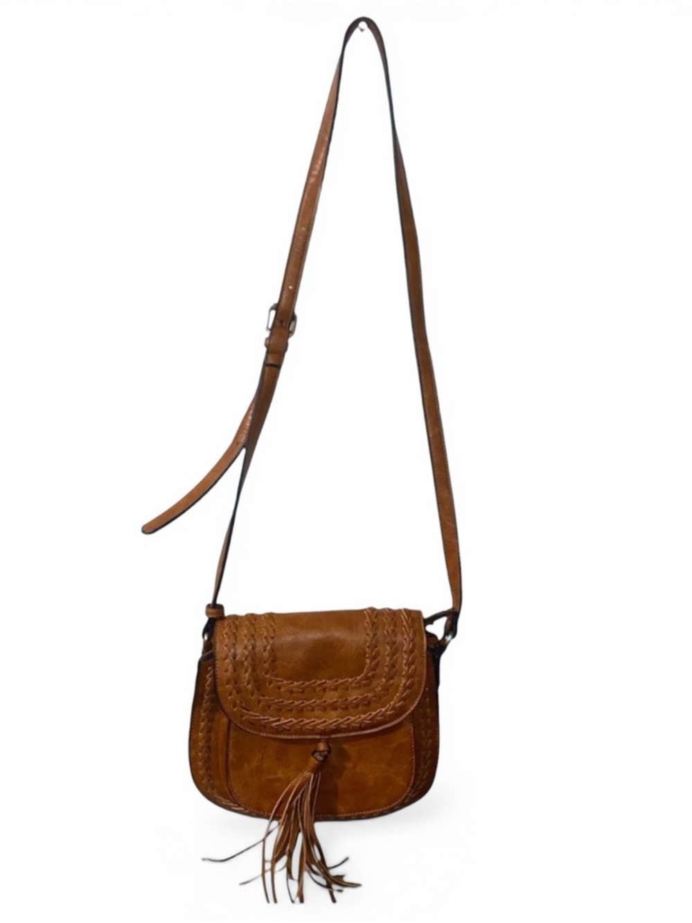 Altar’d State faux leather Boho purse, braided details, fringe tassel, pockets!